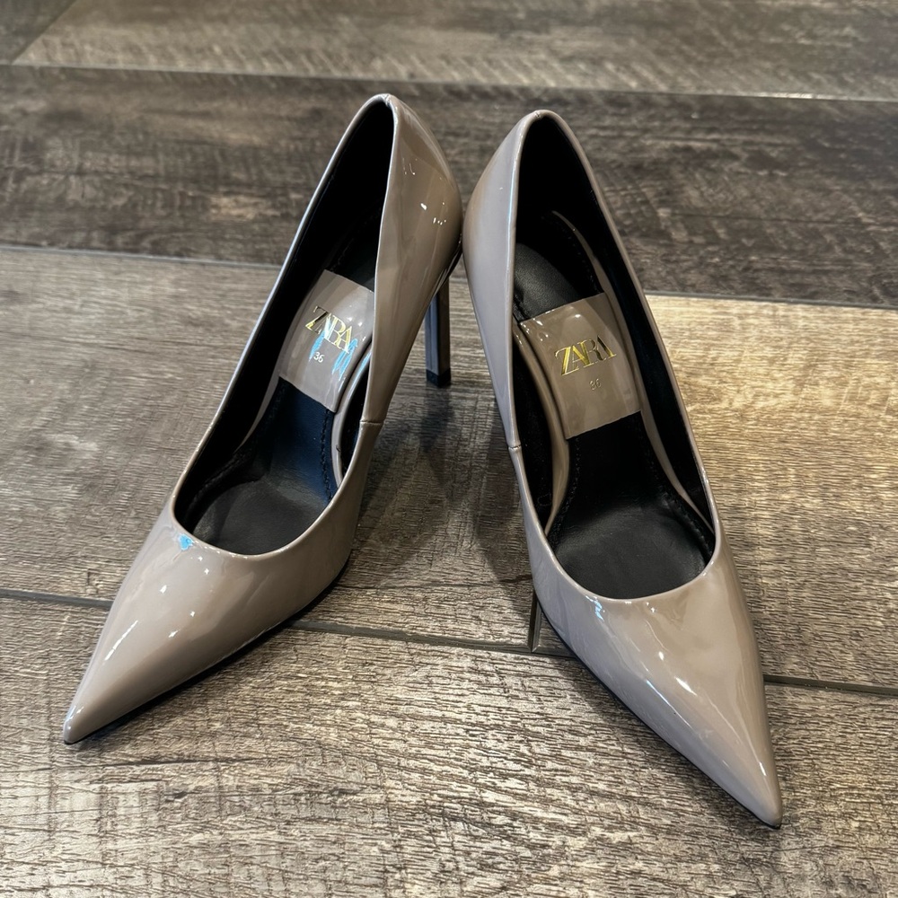 ZARA Taupe Patent Pointed‑Toe Stiletto Heels – Size 36 (US 5) NWOT